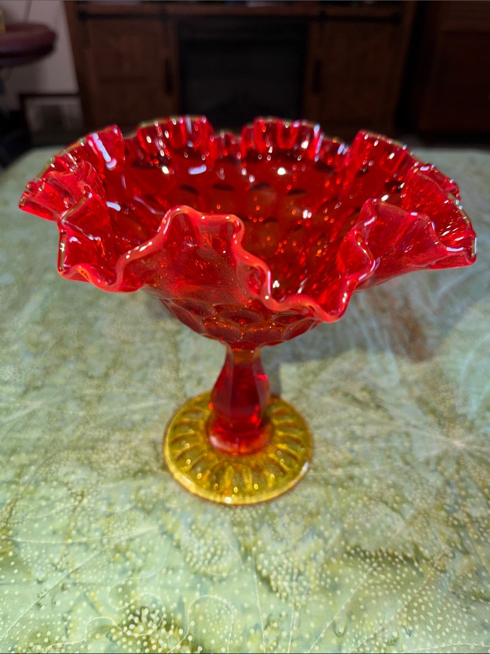 Fenton Amberina Thumbprint Style Ruffled Pedestal Large Compote Candy Dish